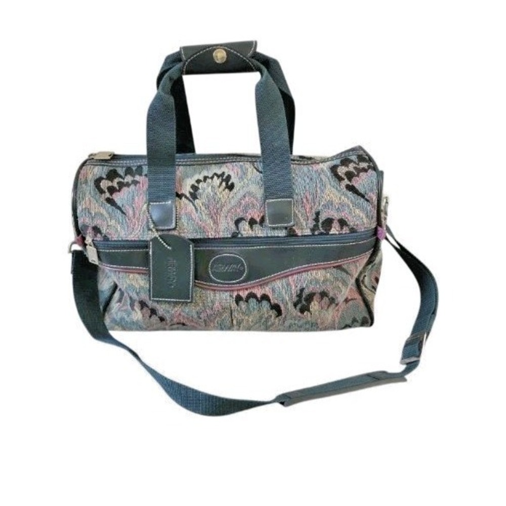 Airway 1980s Carry On Weekend Green Floral‎ Tapestry Carpet Bag Footed Retro Vtg